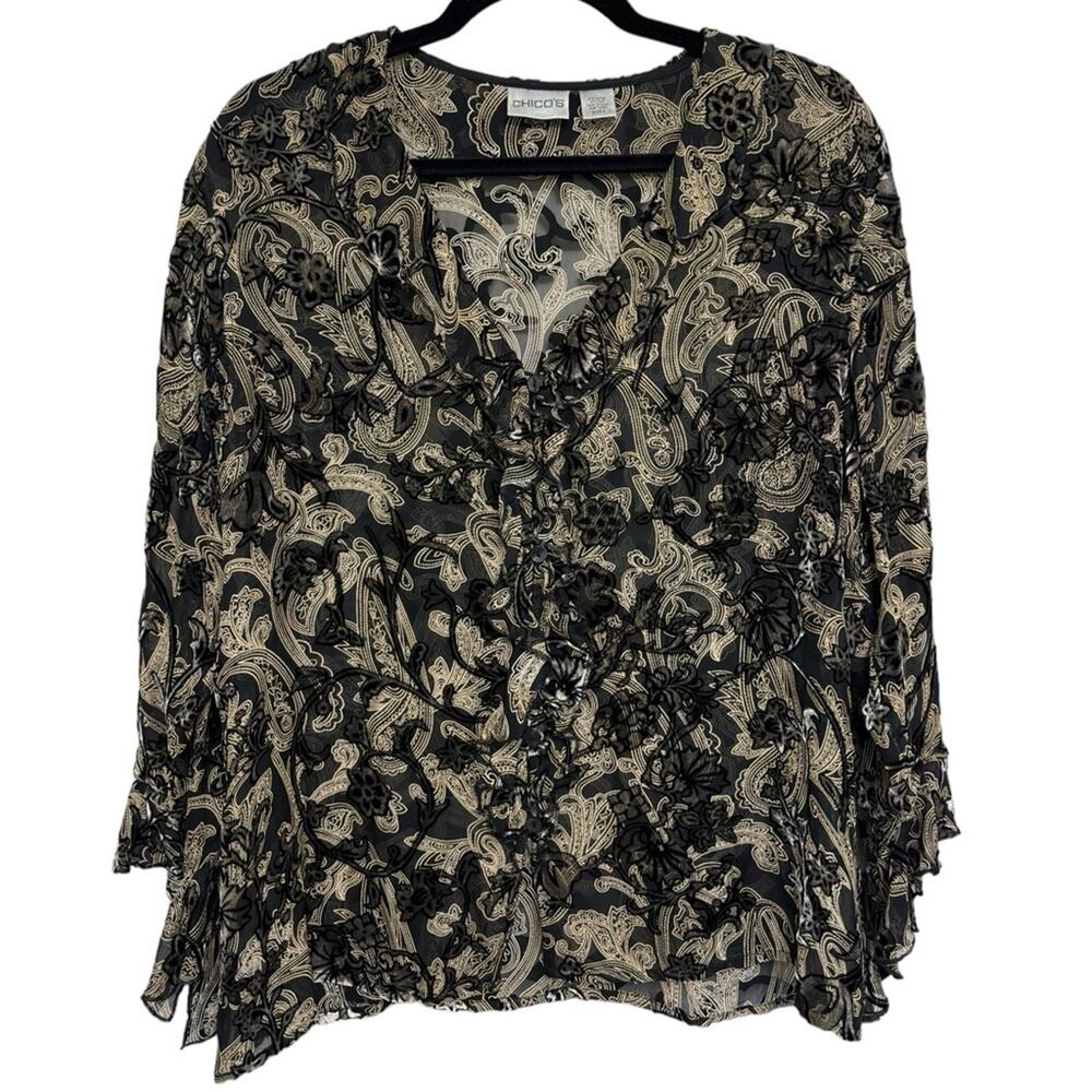 Vintage Chico’s Velvet Burnout Witchy Ruffle V-Neck Blouse - Size 2 (L)